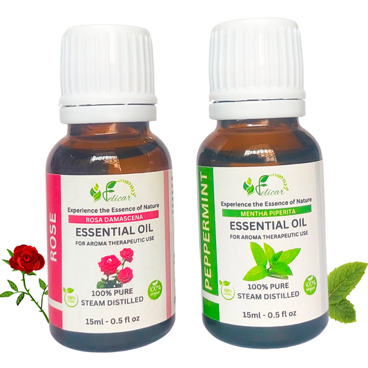 Rose & Peppermint Essential Oil for Refreshes Skin, Reduces Blemishes, Stimulates Hair Growth & Promotes Mental Clarity