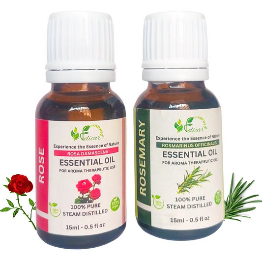 Rose & Rosemary Essential Oil for Hydrates Skin, Reduces Acne, Promotes Hair Growth & Uplifts Mood