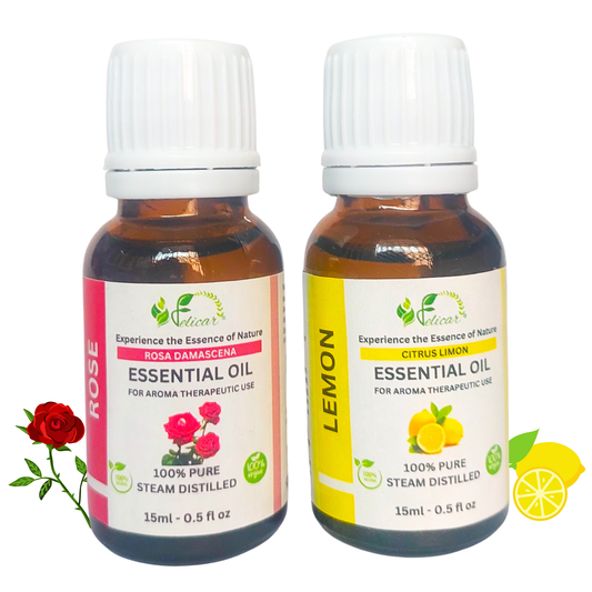 Rose & Lemon Essential Oil for Brightens Skin, Reduces Acne & Blemishes, Rejuvenates Complexion & Uplifts Mood